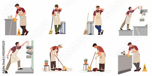 Tired Male Worker Performing Essential Daily Cleaning, Maintenance, and Opening/Closing Tasks in Service Industry.