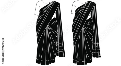 Two black and white illustrations showcasing traditional indian saris draped on figures a striking silhouette high quality professional detailed modern elegant