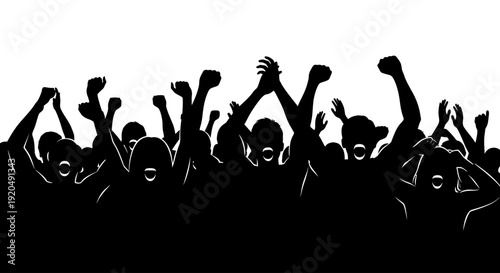 Silhouette Crowd's Enthusiasm: A crowd of silhouettes joyfully exalts, their arms raised in unity. Experience the energy of collective emotion!