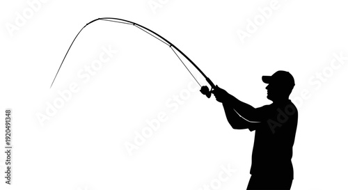 Angler Silhouette: A shadowy figure of an angler casts a fishing line into the water, with the rod bent by the weight of a potential catch, capturing the essence of the moment