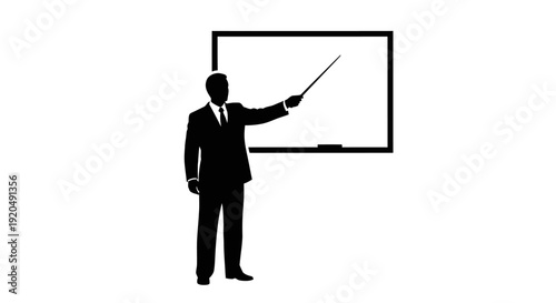 Presentation Silhouette: An elegant silhouette of a presenter, poised confidently before a blank whiteboard, ready to guide an audience and impart knowledge.
