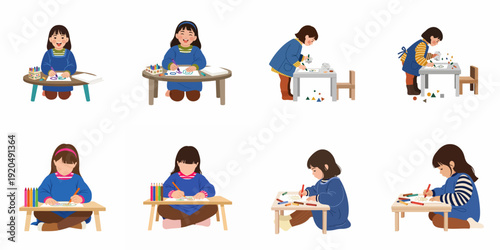 Happy children engaging in creative art activities, coloring and drawing with crayons at tables, fostering imagination and learning.