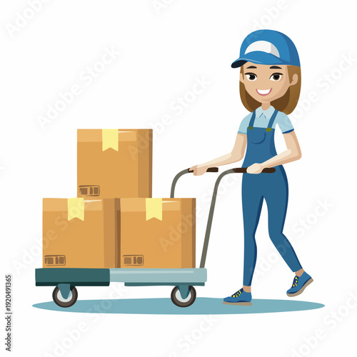 Delivery Person Pushing a Cart Full of Cardboard Boxes with a Smile
