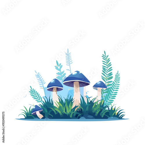 Stylized rendering of enchanting blue-capped mushrooms thriving in a vibrant natural forest undergrowth