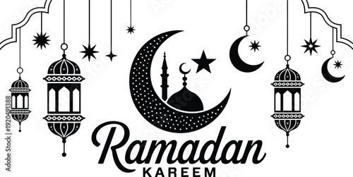 Ramadan Kareem Greeting Design with Mosque Silhouette inside Crescent Moon, Hanging Lanterns, and Stars for Islamic Holiday Branding