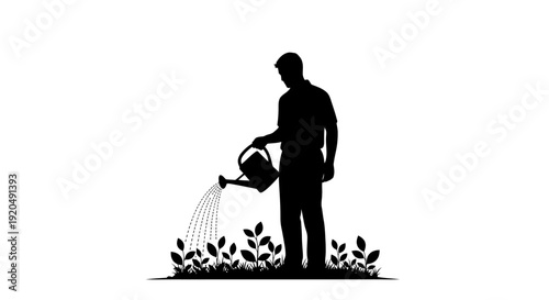Nurturing Growth: A silhouetted figure waters a row of young plants, symbolizing the essence of cultivation, growth, and the nurturing aspect of human touch.