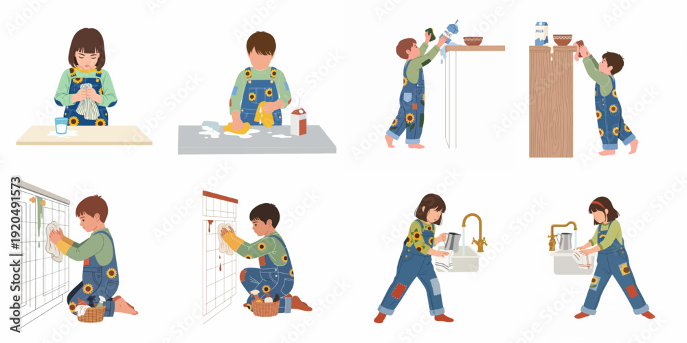 Fototapeta premium Children learning household chores and cleaning up spills, fostering independence and responsibility through engaging domestic activities.