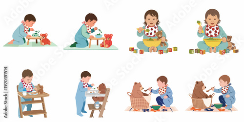 Infants learning to self-feed and playfully nurturing their teddy bears, depicting developmental milestones and joyful mealtime discovery.