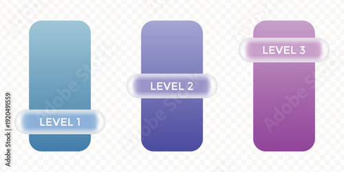 Ui slider progress bar for level up with glass morphism style, set of three levels
