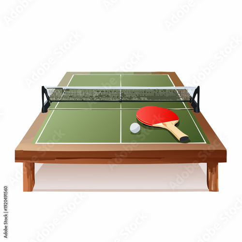 Table tennis equipment for a fun game on a wooden table with a net and ball