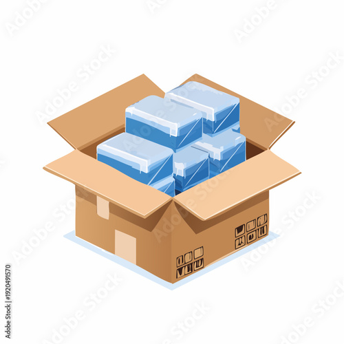 Isometric illustration of an open cardboard box filled with packaged goods for delivery or shipping