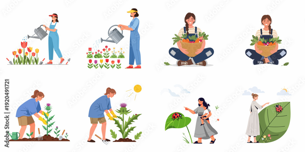 Fototapeta premium Joyful women gardening, harvesting fresh produce, watering flowers, and exploring nature with a child, celebrating outdoor life.