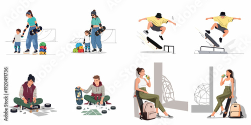 Skateboarding Lifestyle Collection: Dynamic Tricks, Family Fun, Skateboard Maintenance, and Relaxed Skaters Embracing Urban Culture.