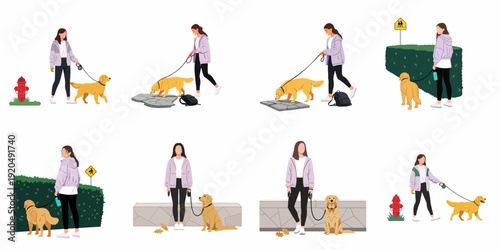 Young woman walking her golden retriever dog in various urban and suburban settings, enjoying daily life and outdoor activities with her beloved pet.