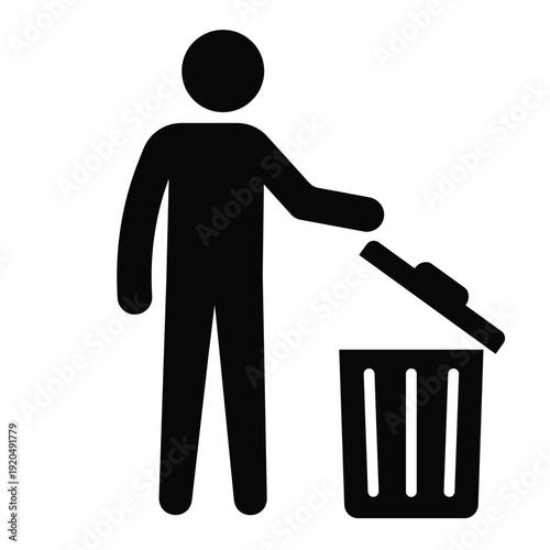 Black silhouette icon showing a person disposing of waste in a trash can with an open lid. Professional graphic for sanitation and housekeeping.