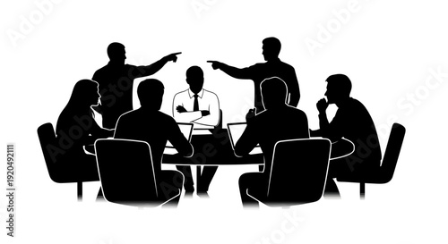 Strategic Discussion in Shadow: Silhouetted figures engage in a meeting around a table. A visual metaphor for business decision-making and collaborative strategies.
