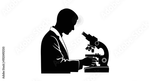 Scientist in Silhouette: A scientist, cloaked in shadow, delves into the microscopic world, peering intently through a microscope, embodying the pursuit of scientific discovery.