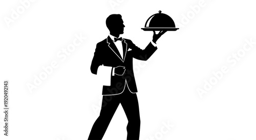 Service Silhouette: An elegant server, perfectly poised, carries a covered dish with grace, representing impeccable service.