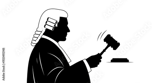 Justice in silhouette: A stark silhouette of a judge, robed and wigged, poised to strike a gavel, symbolizing the power of the law and the moment of judgement.