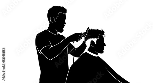 Barber's Precision: A skilled barber, silhouette against a plain background, meticulously trims a client's hair with focused precision. Capturing the art of grooming.