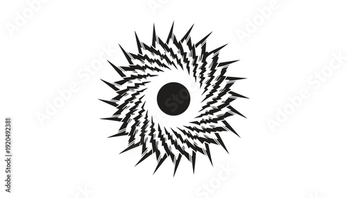 Very beautiful stylized sun icon featuring a bold central circle with symmetrical geometric rays extending outward in crisp black on white, creating a timeless minimalist vector suitable for logos and