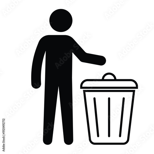 Black silhouette icon showing a person disposing of waste in a trash can with an open lid. Professional graphic for sanitation and housekeeping.