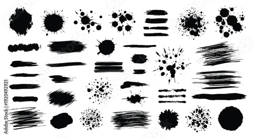 A collection of diverse black ink splatters brush strokes and abstract shapes presented as a bold silhouette high quality professional detailed