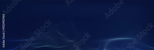 Gold wave lines on dark blue background with lighting effect and glitter with copy space for text. Luxury design style. Vector illustration