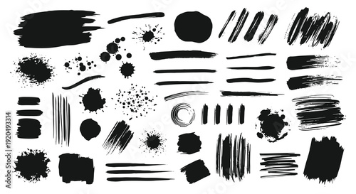 An assortment of abstract black brush strokes and splatters creating a dynamic artistic composition silhouette high quality professional detailed modern elegant stylish