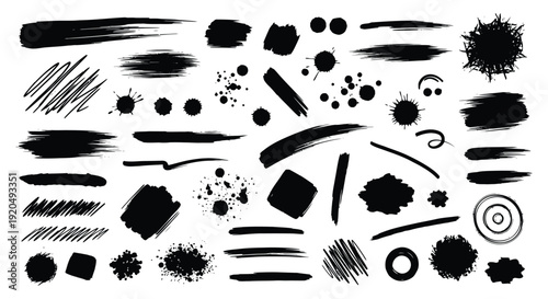 An assortment of abstract black brush strokes splatters and shapes against a white background silhouette high quality professional detailed modern