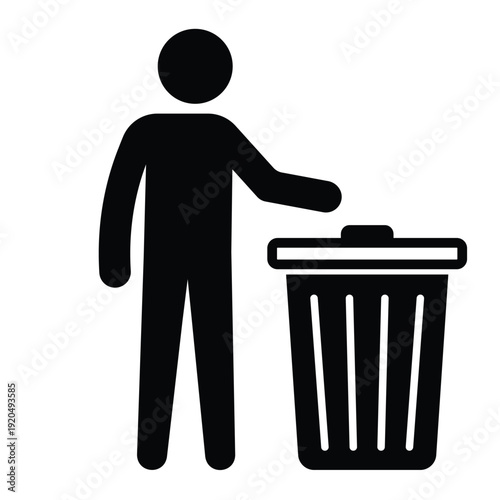 Black silhouette icon showing a person disposing of waste in a trash can with an open lid. Professional graphic for sanitation and housekeeping.