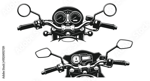 A detailed view of motorcycle handlebars and instrumentation presented in a striking black graphic silhouette high quality professional modern