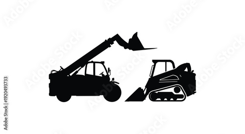 A striking black silhouette depicts a compact track loader with its arm raised showcasing construction machinery silhouette high quality