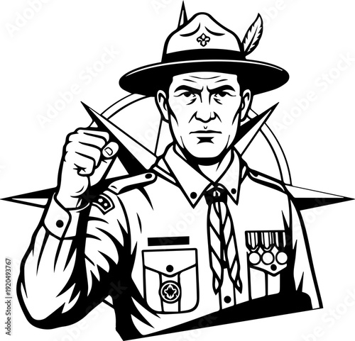 Lord Baden Powell Scout Founder Vector Illustration, Black and White