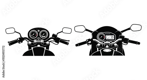 A detailed illustration showcases the handlebars and front panel of two vintage motorcycles in stark contrast silhouette high quality