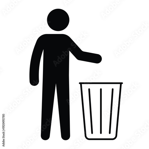 Black silhouette icon showing a person disposing of waste in a trash can with an open lid. Professional graphic for sanitation and housekeeping.