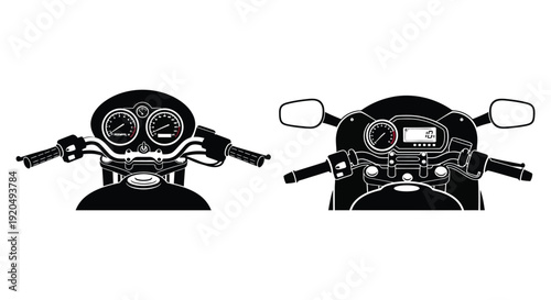 A detailed illustration showcases the handlebars and instrument panel of a motorcycle in stark contrast silhouette high quality professional
