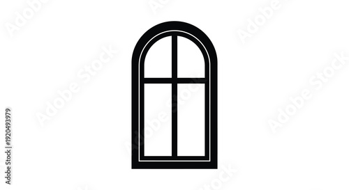 A stark black graphic depicts an arched window frame with divided panes creating a bold silhouette high quality professional