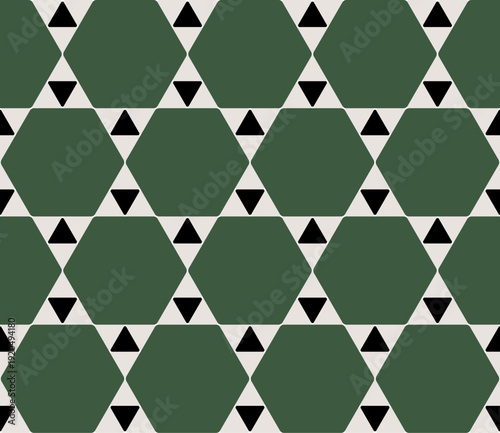 Hexagon marble Interstitial Triangles, roman flooring inspired seamless pattern for architecture surface, in green tone.
