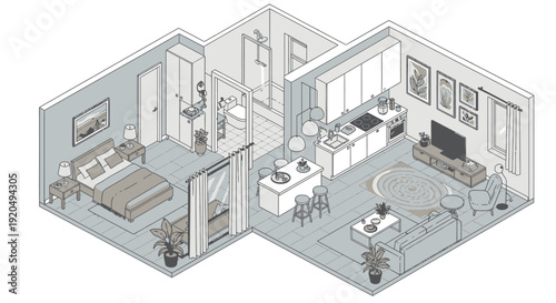 Detailed Isometric View of a Modern and Cozy Apartment Interior with Furnishings