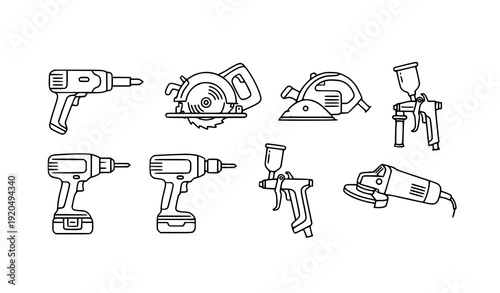 Power Tools Outline Icons Set with Cordless Drill Circular Saw and Angle Grinder Editable Stroke Vector