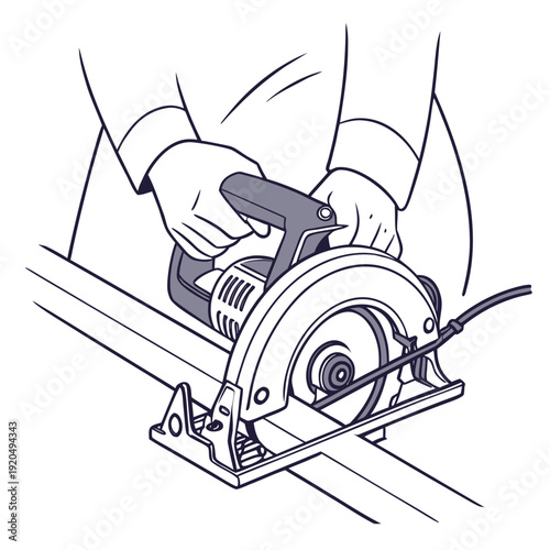 Hands wearing gloves using a circular saw to cut wood, industrial woodworking and DIY concept, vector illustration