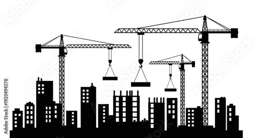 City Construction Site with Cranes and Developing Buildings Silhouette at Sunset