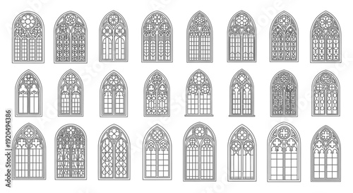 Assortment of Intricate Gothic Style Arch Windows with Various Designs, isolated white background
