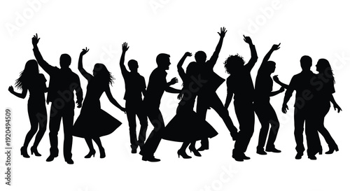 A lively group of people are celebrating and dancing with arms raised in joyful exuberance silhouette high quality professional