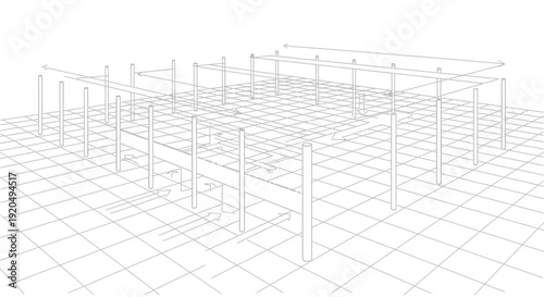 Abstract 3D Wireframe Construction Grid Blueprint Isolated White Background