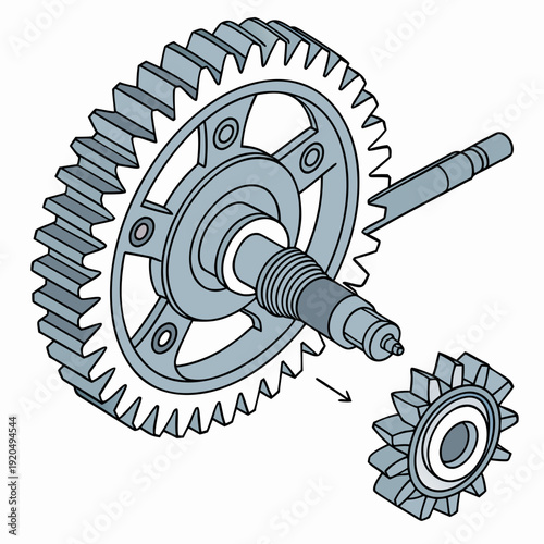 Exploded View Vector Illustration of a Mechanical Gear Assembly Featuring a Large Spur Gear, Pinion, and Shaft for Engineering Diagrams