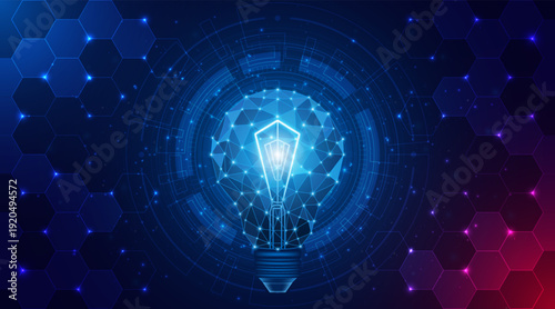 Creative light bulb technology. Innovation of electric light bulbs or future energy. Global internet connection concept for business.