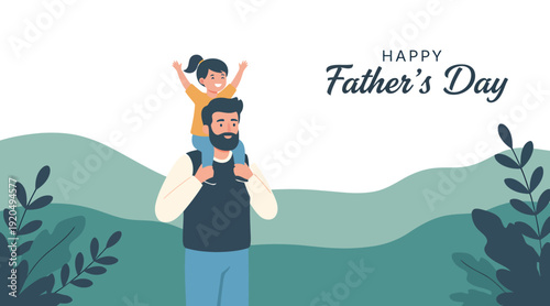 Father carrying his happy daughter on shoulders. Enjoying a tender family moment for father's day celebration. Depicted in a charming flat style illustration