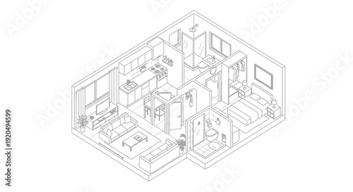 Isometric Line Art Drawing of a Furnished Apartment Interior Layout with Bedroom and Kitchen on Isolated White Background